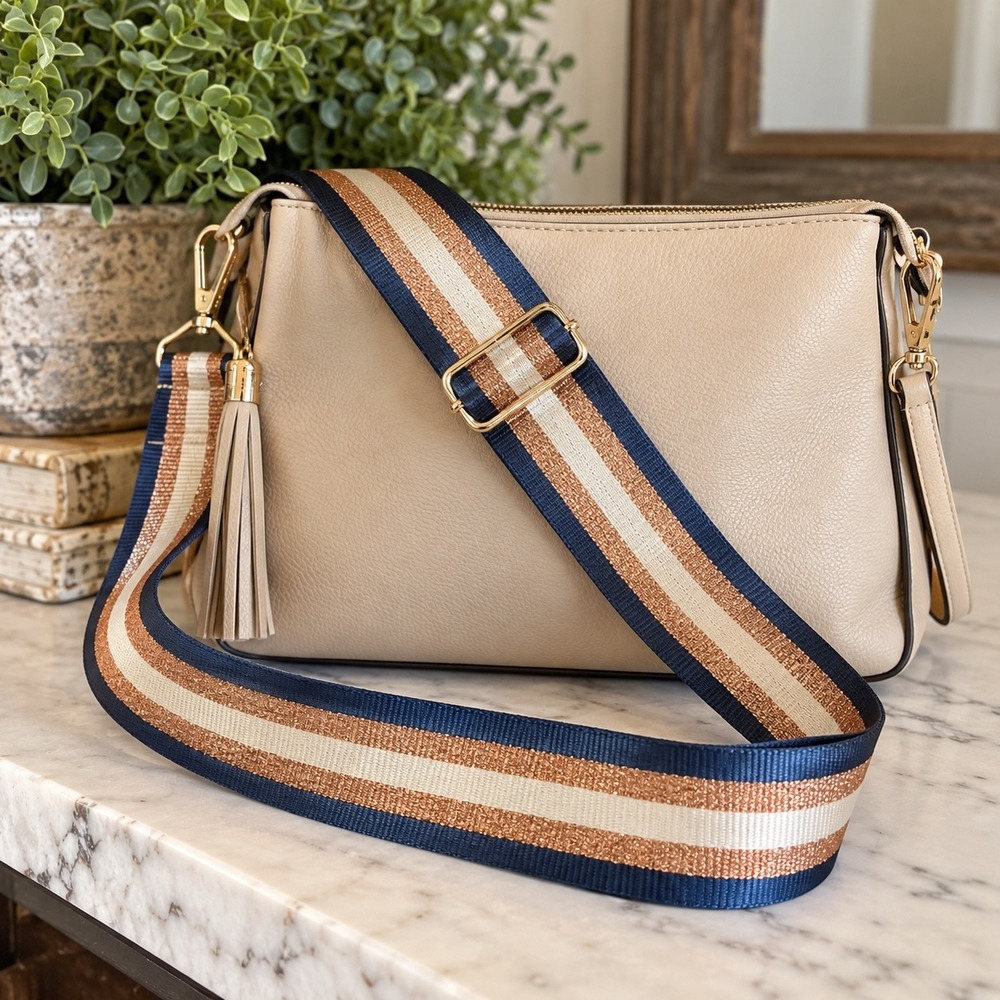 Kedzie Adjustable Purse Strap Navy Cream Rose Gold Metallic Stripe Crossbody